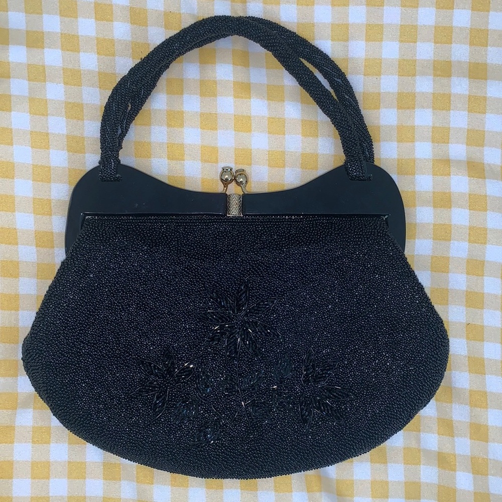 Delill Vintage Black Floral Beaded Evening Bag Hand Made in Korea